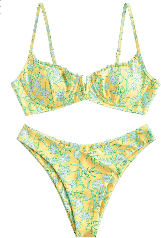 Women's Underwire Bikini Floral High Cut Bikini Set V-Wired Two Piece Swimsuit Bathing Suit - Seldom Seen Styles