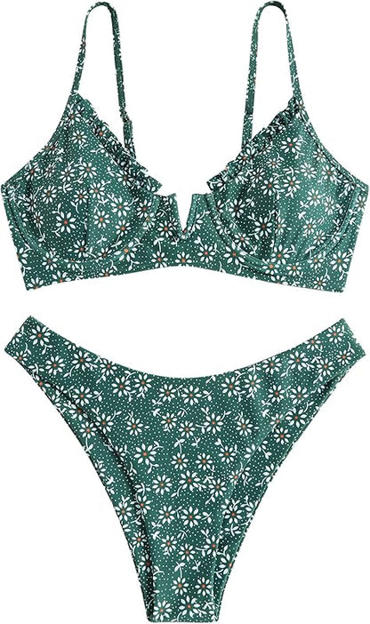 Women's Underwire Bikini Floral High Cut Bikini Set V-Wired Two Piece Swimsuit Bathing Suit - Seldom Seen Styles