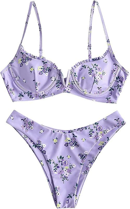 Women's Underwire Bikini Floral High Cut Bikini Set V-Wired Two Piece Swimsuit Bathing Suit - Seldom Seen Styles