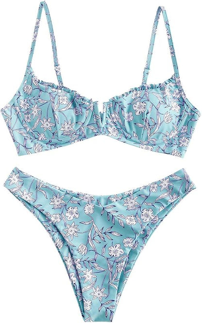 Women's Underwire Bikini Floral High Cut Bikini Set V-Wired Two Piece Swimsuit Bathing Suit - Seldom Seen Styles