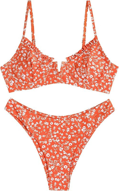 Women's Underwire Bikini Floral High Cut Bikini Set V-Wired Two Piece Swimsuit Bathing Suit - Seldom Seen Styles