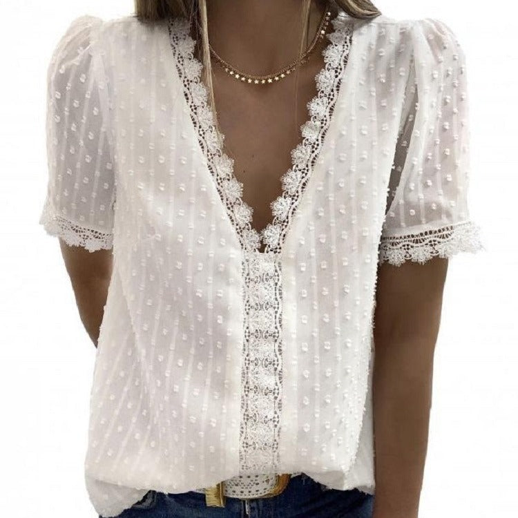 Women's V Neck Lace Crochet Tunic Tops Flowy Casual Blouses Shirts - Seldom Seen Styles