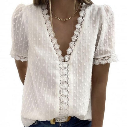 Women's V Neck Lace Crochet Tunic Tops Flowy Casual Blouses Shirts - Seldom Seen Styles