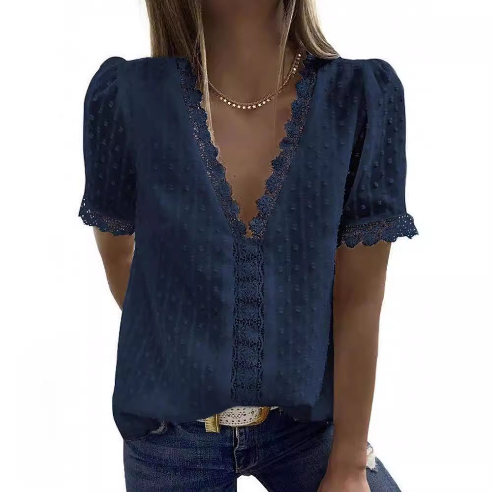 Women's V Neck Lace Crochet Tunic Tops Flowy Casual Blouses Shirts - Seldom Seen Styles