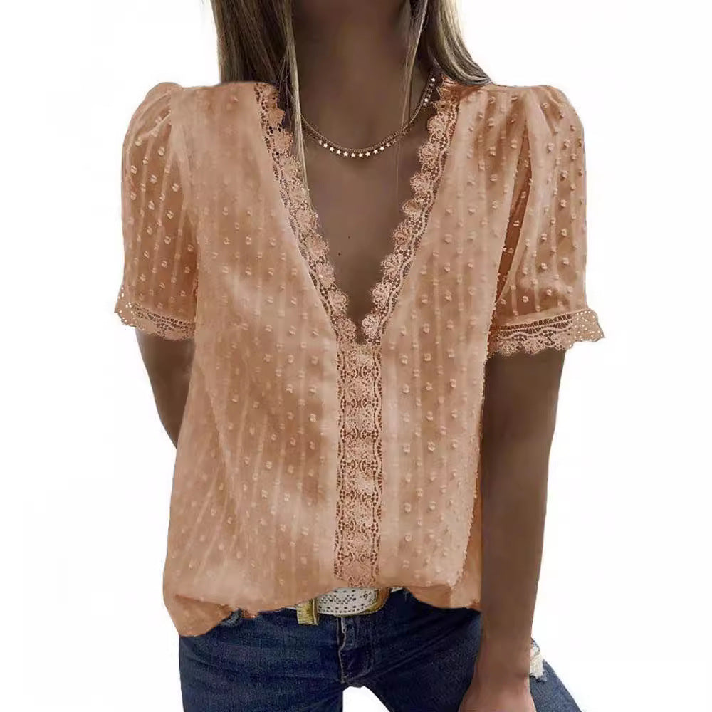 Women's V Neck Lace Crochet Tunic Tops Flowy Casual Blouses Shirts - Seldom Seen Styles