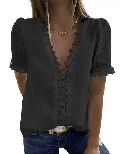 Women's V Neck Lace Crochet Tunic Tops Flowy Casual Blouses Shirts - Seldom Seen Styles