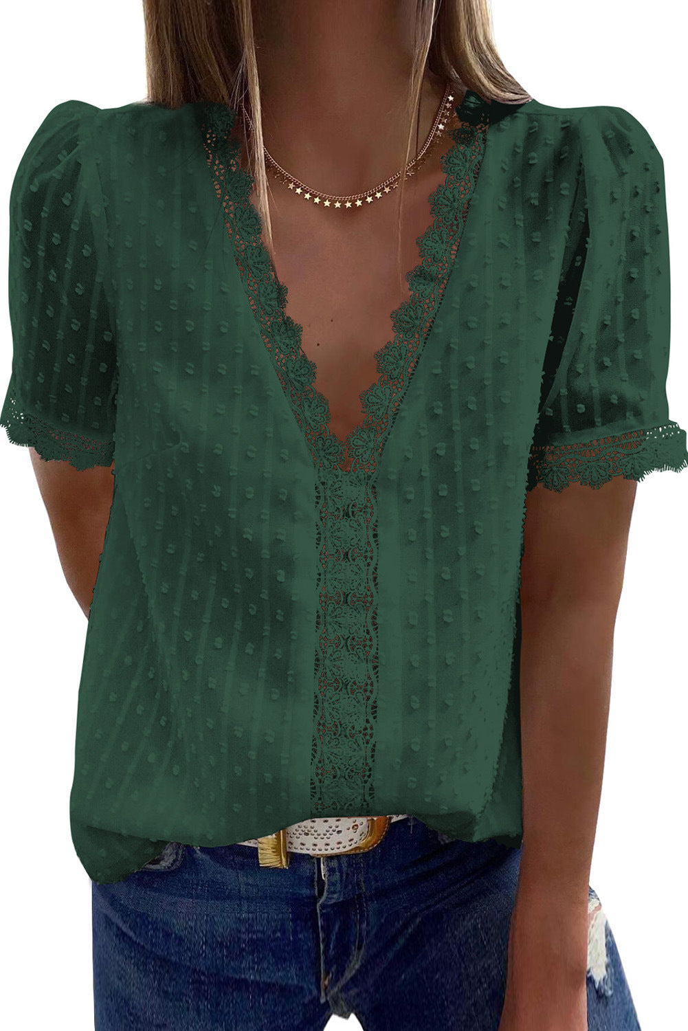 Women's V Neck Lace Crochet Tunic Tops Flowy Casual Blouses Shirts - Seldom Seen Styles