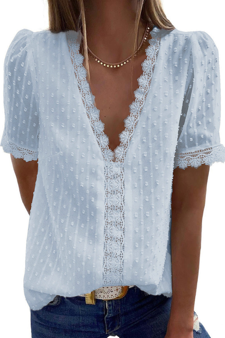 Women's V Neck Lace Crochet Tunic Tops Flowy Casual Blouses Shirts - Seldom Seen Styles