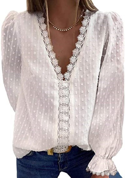 Women's V Neck Lace Crochet Tunic Tops Flowy Casual Blouses Shirts - Seldom Seen Styles