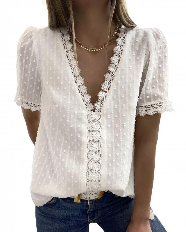 Women's V Neck Lace Crochet Tunic Tops Flowy Casual Blouses Shirts - Seldom Seen Styles