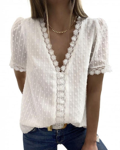 Women's V Neck Lace Crochet Tunic Tops Flowy Casual Blouses Shirts - Seldom Seen Styles