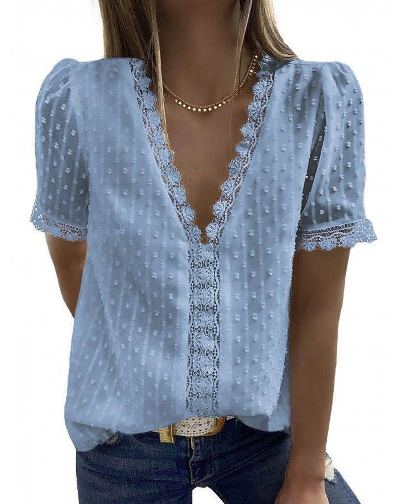 Women's V Neck Lace Crochet Tunic Tops Flowy Casual Blouses Shirts - Seldom Seen Styles