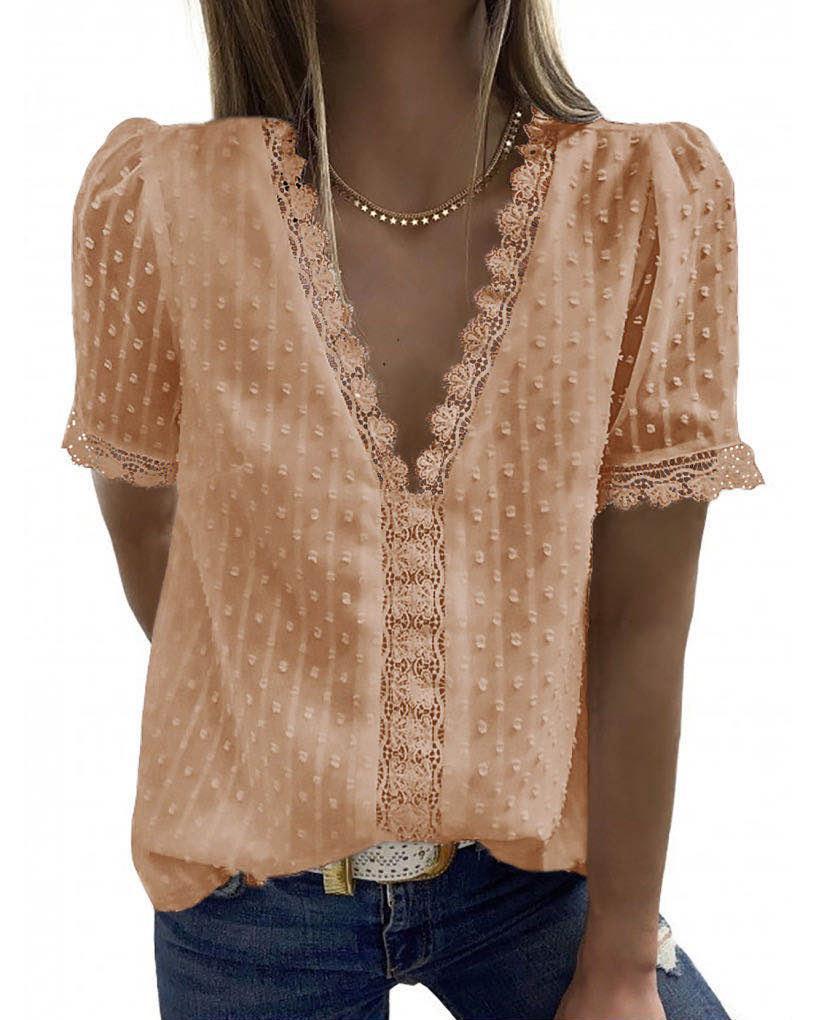 Women's V Neck Lace Crochet Tunic Tops Flowy Casual Blouses Shirts - Seldom Seen Styles