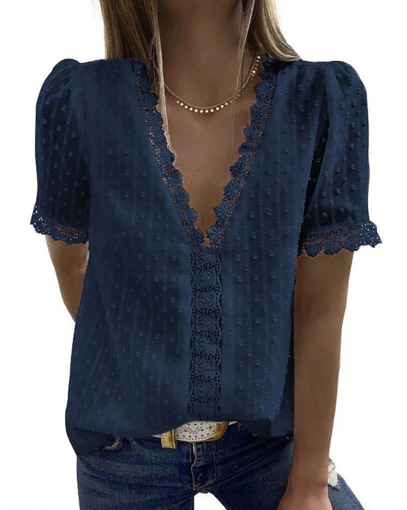 Women's V Neck Lace Crochet Tunic Tops Flowy Casual Blouses Shirts - Seldom Seen Styles