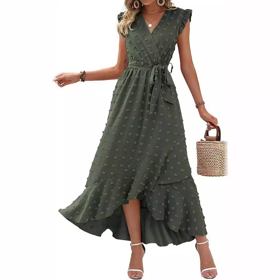 Women's V-Neck Summer Dress 2025 Cap Sleeve Swiss Dot Boho Flowy Ruffle Slit Beach - Seldom Seen Styles