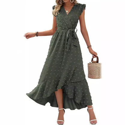 Women's V-Neck Summer Dress 2025 Cap Sleeve Swiss Dot Boho Flowy Ruffle Slit Beach - Seldom Seen Styles
