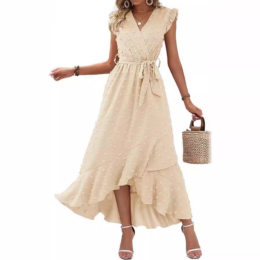 Women's V-Neck Summer Dress 2025 Cap Sleeve Swiss Dot Boho Flowy Ruffle Slit Beach - Seldom Seen Styles