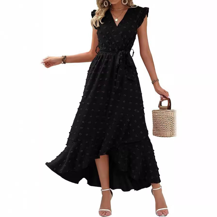 Women's V-Neck Summer Dress 2025 Cap Sleeve Swiss Dot Boho Flowy Ruffle Slit Beach - Seldom Seen Styles