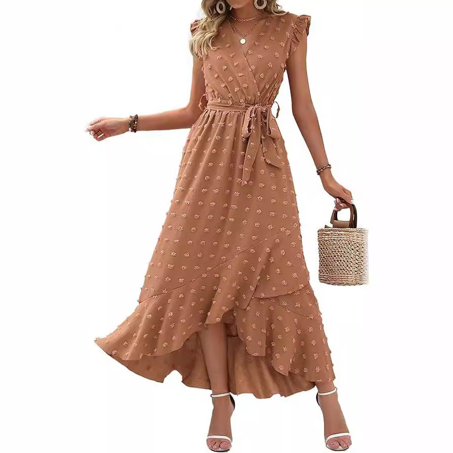 Women's V-Neck Summer Dress 2025 Cap Sleeve Swiss Dot Boho Flowy Ruffle Slit Beach - Seldom Seen Styles