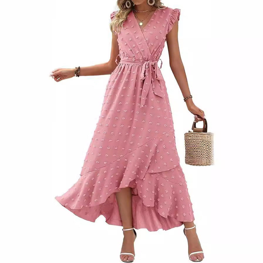 Women's V-Neck Summer Dress 2025 Cap Sleeve Swiss Dot Boho Flowy Ruffle Slit Beach - Seldom Seen Styles