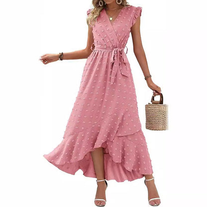 Women's V-Neck Summer Dress 2025 Cap Sleeve Swiss Dot Boho Flowy Ruffle Slit Beach - Seldom Seen Styles