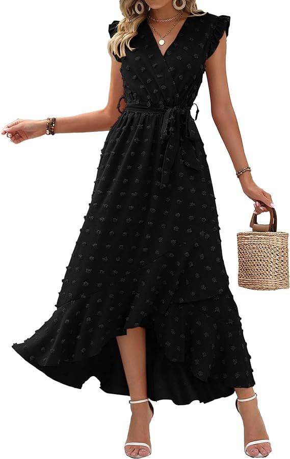Women's V-Neck Summer Dress 2025 Cap Sleeve Swiss Dot Boho Flowy Ruffle Slit Beach - Seldom Seen Styles
