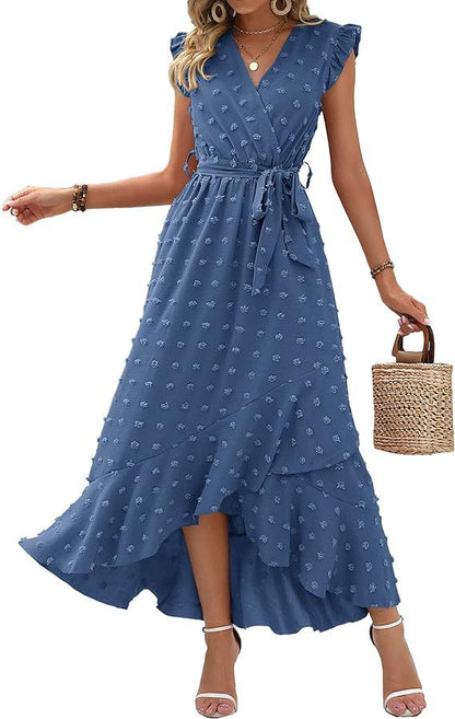 Women's V-Neck Summer Dress 2025 Cap Sleeve Swiss Dot Boho Flowy Ruffle Slit Beach - Seldom Seen Styles
