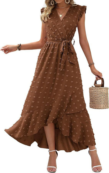 Women's V-Neck Summer Dress 2025 Cap Sleeve Swiss Dot Boho Flowy Ruffle Slit Beach - Seldom Seen Styles