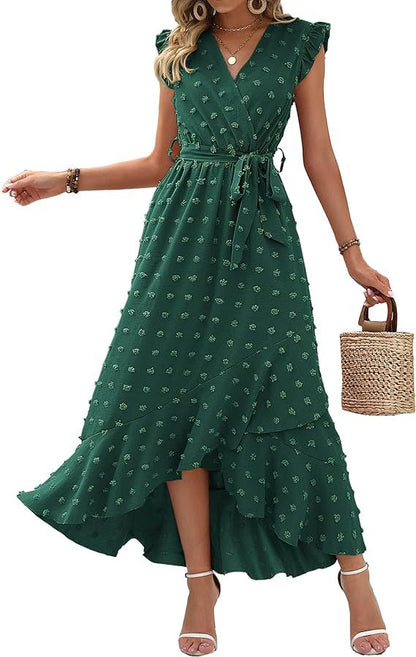 Women's V-Neck Summer Dress 2025 Cap Sleeve Swiss Dot Boho Flowy Ruffle Slit Beach - Seldom Seen Styles