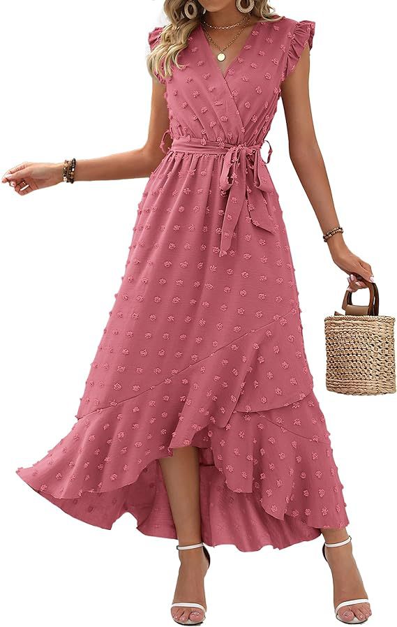 Women's V-Neck Summer Dress 2025 Cap Sleeve Swiss Dot Boho Flowy Ruffle Slit Beach - Seldom Seen Styles