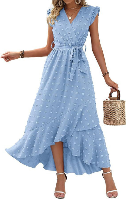 Women's V-Neck Summer Dress 2025 Cap Sleeve Swiss Dot Boho Flowy Ruffle Slit Beach - Seldom Seen Styles