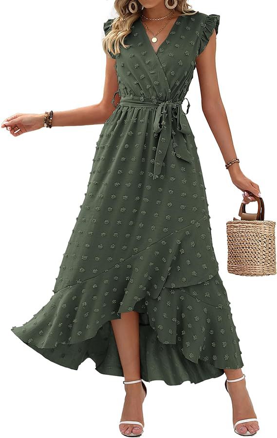 Women's V-Neck Summer Dress 2025 Cap Sleeve Swiss Dot Boho Flowy Ruffle Slit Beach - Seldom Seen Styles