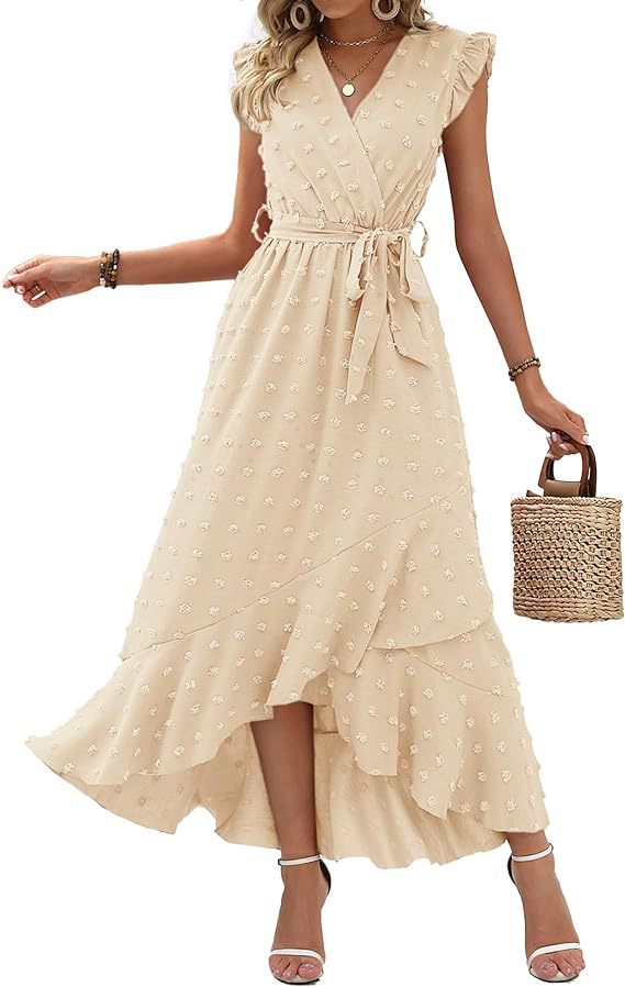 Women's V-Neck Summer Dress 2025 Cap Sleeve Swiss Dot Boho Flowy Ruffle Slit Beach - Seldom Seen Styles