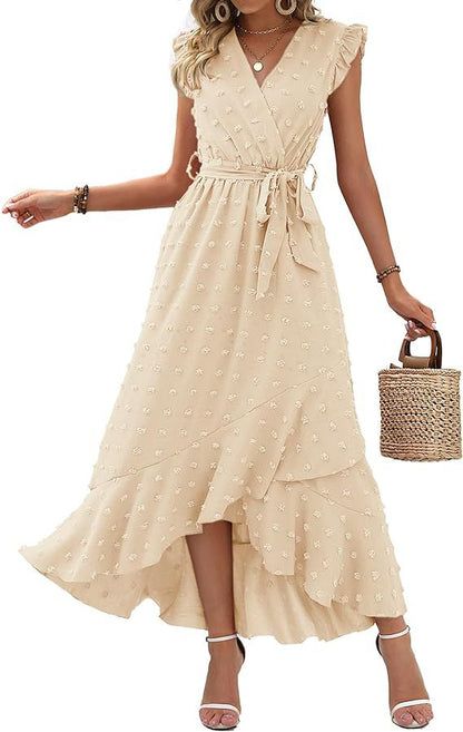 Women's V-Neck Summer Dress 2025 Cap Sleeve Swiss Dot Boho Flowy Ruffle Slit Beach - Seldom Seen Styles