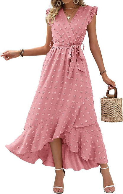 Women's V-Neck Summer Dress 2025 Cap Sleeve Swiss Dot Boho Flowy Ruffle Slit Beach - Seldom Seen Styles
