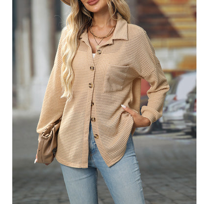 Women's Waffle Knit Button Down Shirts Casual Long Sleeve Shacket Jacket Boyfriend Tops Blouses Loose Fit - Seldom Seen Styles