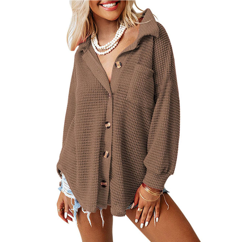 Women's Waffle Knit Button Down Shirts Casual Long Sleeve Shacket Jacket Boyfriend Tops Blouses Loose Fit - Seldom Seen Styles