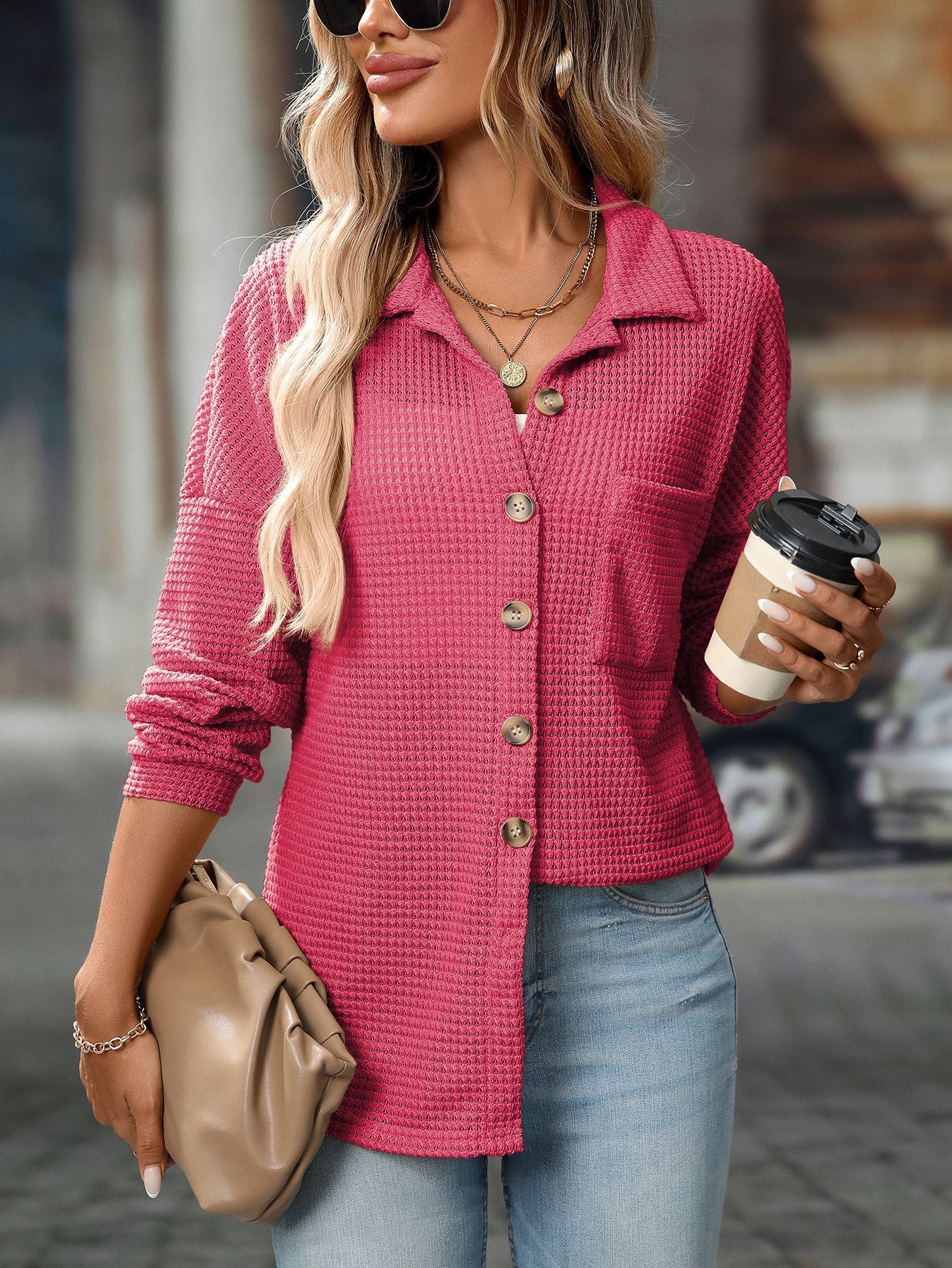 Women's Waffle Knit Button Down Shirts Casual Long Sleeve Shacket Jacket Boyfriend Tops Blouses Loose Fit - Seldom Seen Styles