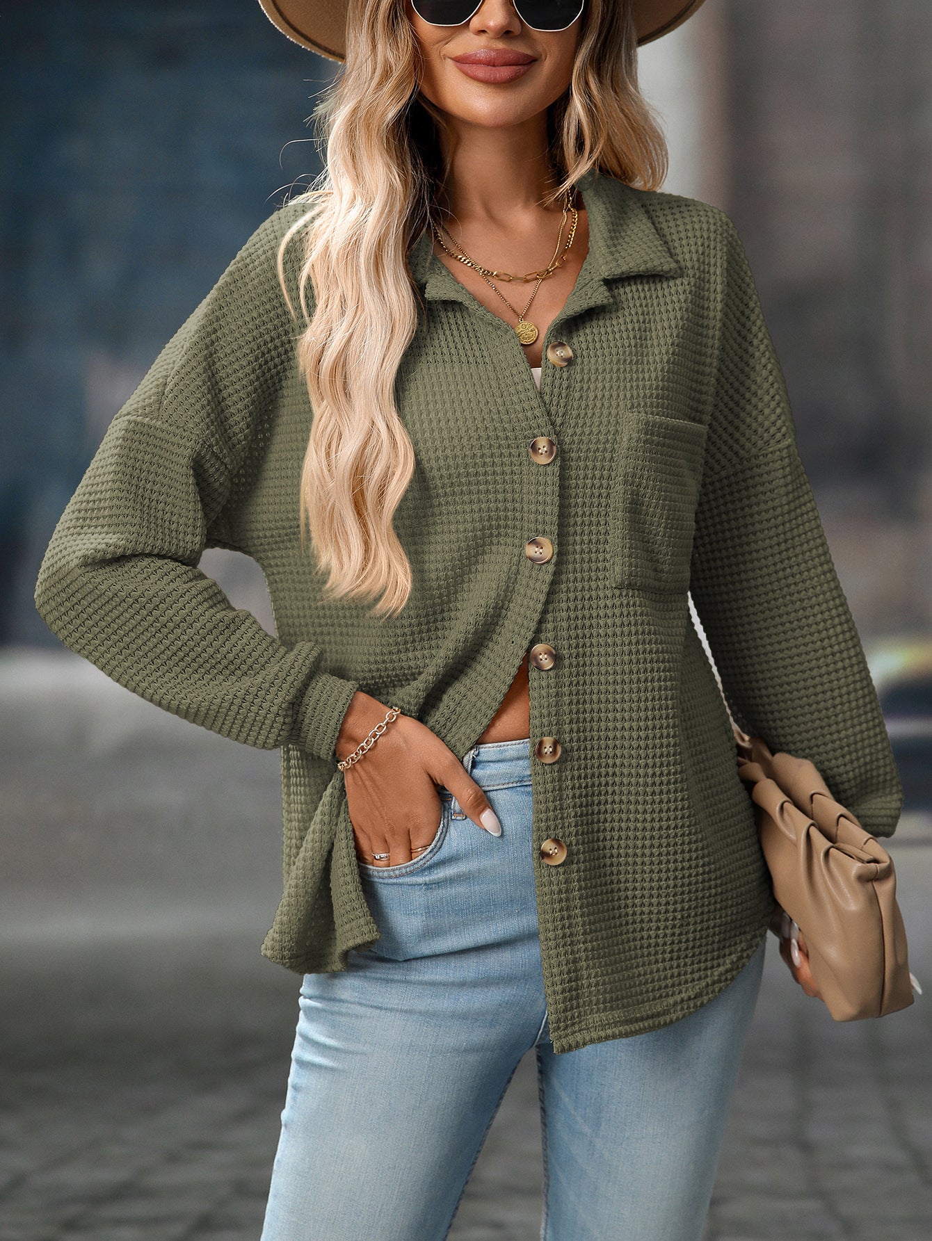 Women's Waffle Knit Button Down Shirts Casual Long Sleeve Shacket Jacket Boyfriend Tops Blouses Loose Fit - Seldom Seen Styles