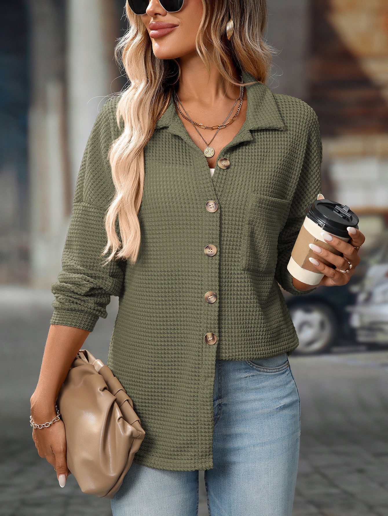 Women's Waffle Knit Button Down Shirts Casual Long Sleeve Shacket Jacket Boyfriend Tops Blouses Loose Fit - Seldom Seen Styles