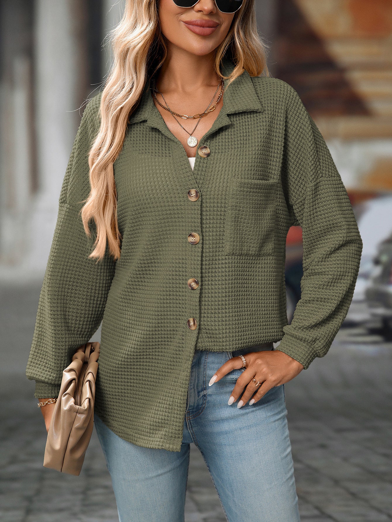 Women's Waffle Knit Button Down Shirts Casual Long Sleeve Shacket Jacket Boyfriend Tops Blouses Loose Fit - Seldom Seen Styles