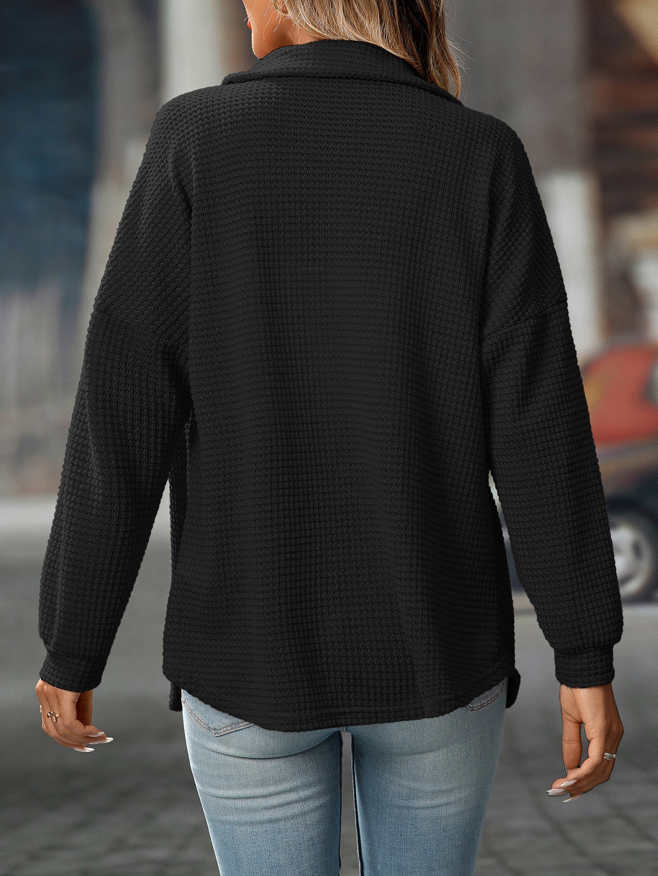 Women's Waffle Knit Button Down Shirts Casual Long Sleeve Shacket Jacket Boyfriend Tops Blouses Loose Fit - Seldom Seen Styles