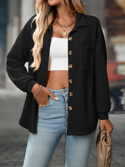 Women's Waffle Knit Button Down Shirts Casual Long Sleeve Shacket Jacket Boyfriend Tops Blouses Loose Fit - Seldom Seen Styles