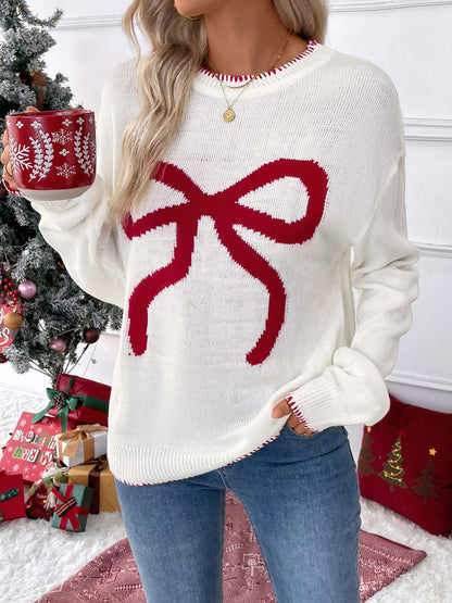 Women's Y2K Bow Print Knit Sweater Crew Neck Long Sleeve Knitted Pullover Loose Knit Christmas Trendy Sweater - Seldom Seen Styles