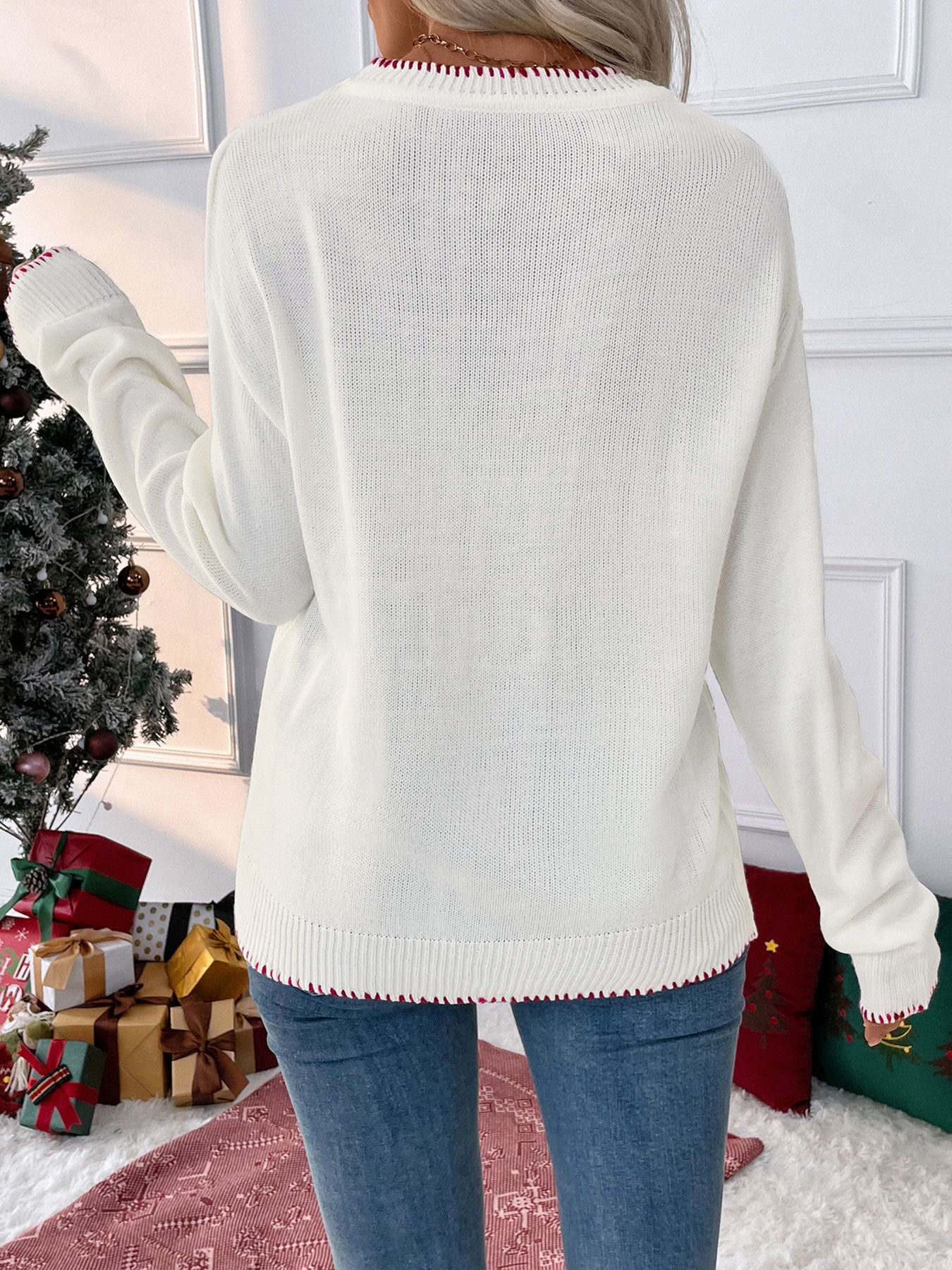 Women's Y2K Bow Print Knit Sweater Crew Neck Long Sleeve Knitted Pullover Loose Knit Christmas Trendy Sweater - Seldom Seen Styles