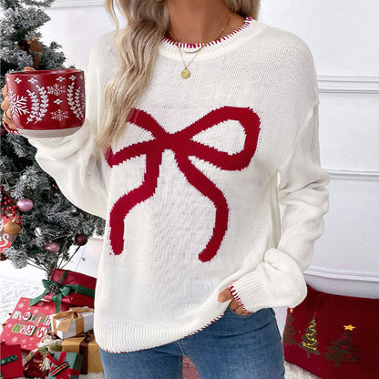 Women's Y2K Bow Print Knit Sweater Crew Neck Long Sleeve Knitted Pullover Loose Knit Christmas Trendy Sweater - Seldom Seen Styles