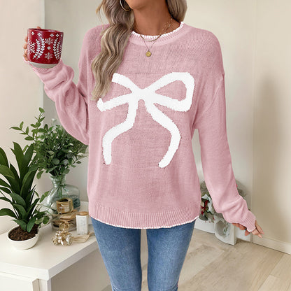 Women's Y2K Bow Print Knit Sweater Crew Neck Long Sleeve Knitted Pullover Loose Knit Christmas Trendy Sweater - Seldom Seen Styles