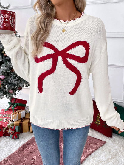 Women's Y2K Bow Print Knit Sweater Crew Neck Long Sleeve Knitted Pullover Loose Knit Christmas Trendy Sweater - Seldom Seen Styles