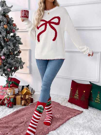 Women's Y2K Bow Print Knit Sweater Crew Neck Long Sleeve Knitted Pullover Loose Knit Christmas Trendy Sweater - Seldom Seen Styles