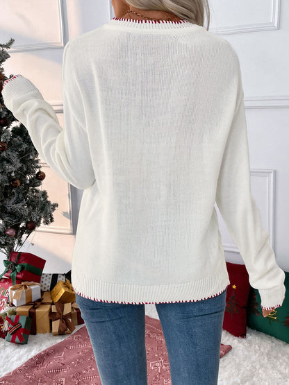 Women's Y2K Bow Print Knit Sweater Crew Neck Long Sleeve Knitted Pullover Loose Knit Christmas Trendy Sweater - Seldom Seen Styles